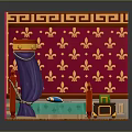 Red Walled Interior Scene With Gold Fleur De Lis Patterns Canopy Bed And Wooden Floor