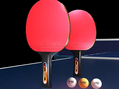 Red Table Tennis Paddles with Black Handles and Balls on Blue Table with Net 3d model