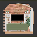 Pink Brick Wall Cartoon Living Room Scene With TV Fireplace Green Sofa And Plant