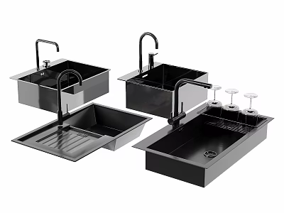 Modern Black Kitchen Sinks With Double Bowls Faucet And Drainboard Design 3d model