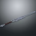 Intricate Metallic Sword With Ornate Design And Brown Leather Wrapped Hilt
