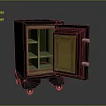 Black Safe Cabinet On Wheels With Open Red Door And Gold Internal Shelves