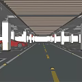 Modern Parking Garage Interior With White Pillars Yellow Stripes Red Car And Wooden Ceiling