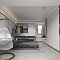 Modern Minimalist Apartment Bedroom With Open Layout Black Bed TV Wooden Floors And White Walls