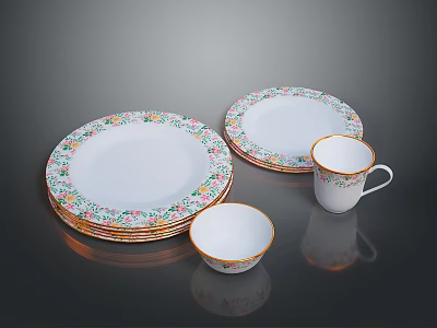 Elegant Dinnerware Set with Colorful Floral Patterns Gold Rim Plates Cups and Bowl 3d model