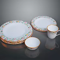 Elegant Dinnerware Set with Colorful Floral Patterns Gold Rim Plates Cups and Bowl