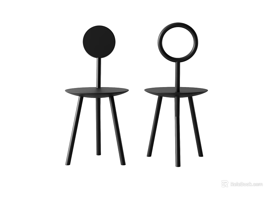Modern Black Leisure Chairs with Minimalist Design Solid Circle Ring Backrests and Three Slender Legs 3d model 