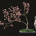 Bonsai Plant With Pink Blossoms And Elegant Branches In Decorative Square Pot With Stone Statue