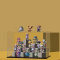 Layered Transparent Figure Display Cabinet Featuring Colorful Cartoon Figurines on Yellow Background