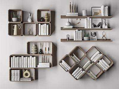 Modern wall shelf bookshelf book ornaments combination 3d model