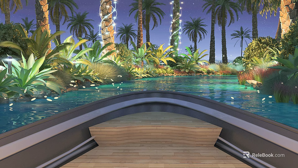 Tropical Night Landscape With Palm Trees Water Wooden Deck And String Lights 3d model 
