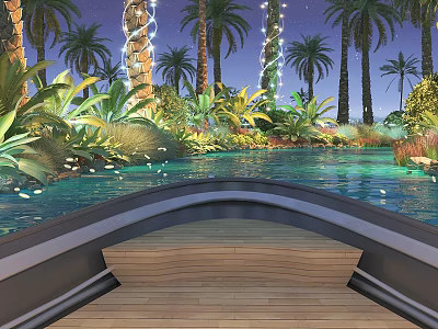 Tropical Night Landscape With Palm Trees Water Wooden Deck And String Lights 3d model