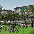 Modern Commercial Landscape With Trees Lawn Plaza Seating Areas And Playground