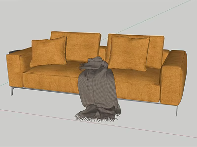 Comfortable Orange Sectional Sofa With Throw Pillows Gray Blanket And Metal Legs 3d model