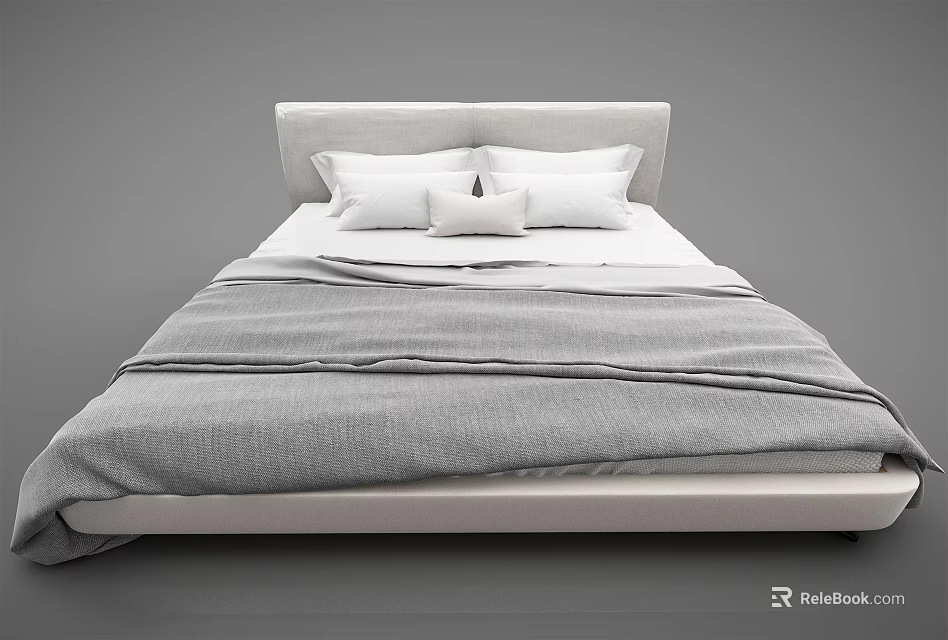 Modern Double Bed With White Headboard Soft Pillows And Gray Blanket 3d model