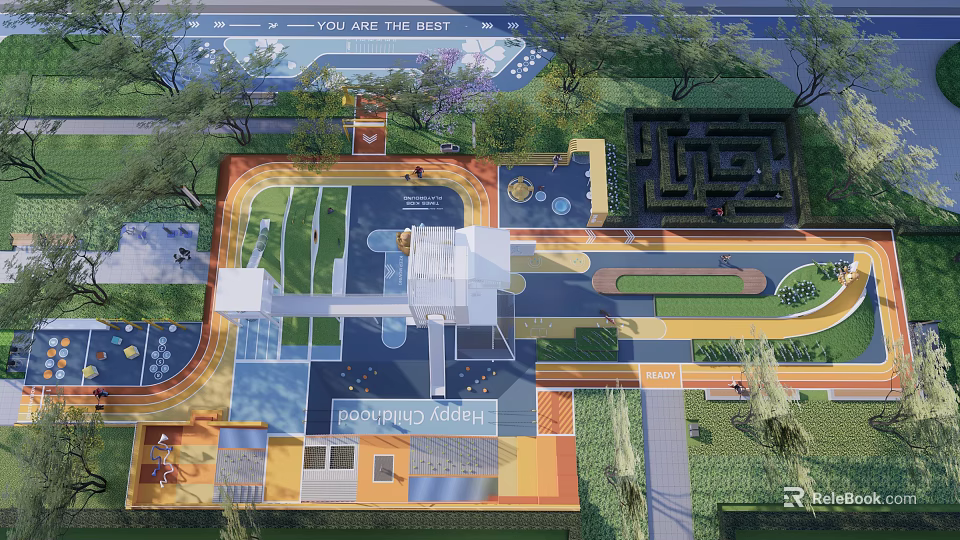 Colorful Kids Playground Featuring Maze Activity Zones Safe Play Areas And Trees 3d model 