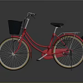 Red Bicycle With Black Front Basket Black Seat And Gold Rims On Reflective Surface