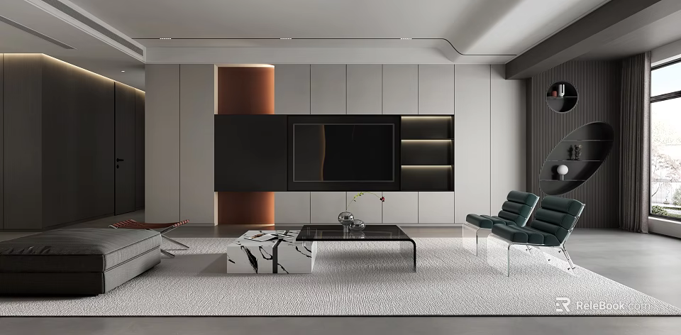 Modern Living Room Interior Design With Gray Sofa Marble Coffee Table And TV Wall 3d model 