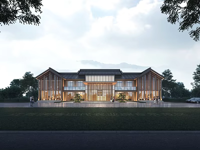 Rustic Traditional Homestay Building With Wooden Facade Large Glass Windows And Green Surroundings 3d model