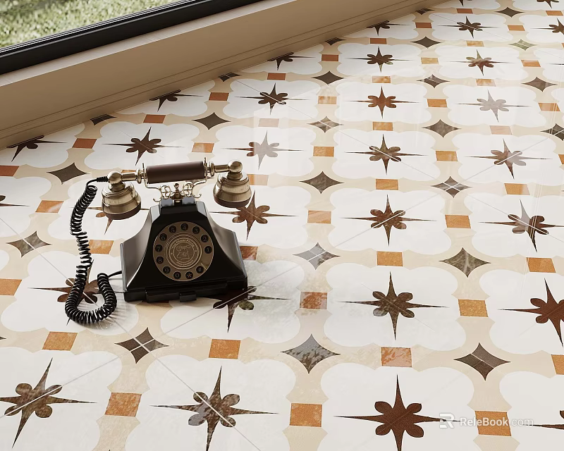 Vintage Telephone On Patterned Tile Floor With Geometric Design Elements 3d model