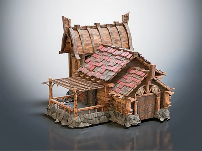 Rustic Wooden House With Red Tiled Roof Wooden Porch And Stone Base 3d model