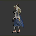 3D Female Warrior Character In Silver Armor With Blue Cloak And Golden Sword