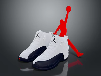 White Basketball Shoes With Navy Soles Jumpman Logo And Red Jump Silhouette 3d model