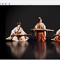 Game and Movie Female Characters in Traditional Costumes Playing Guzheng with Dark Background and Reflections