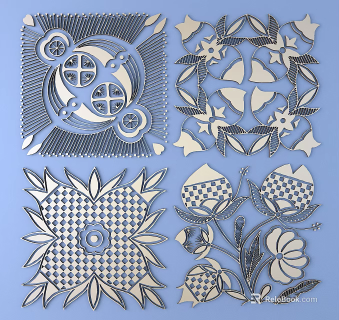 Intricate Carved Patterns With Floral Geometric Designs In Paper Craft Artwork White on Blue Background 3d model 