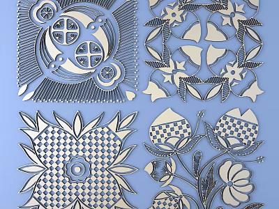 Intricate Carved Patterns With Floral Geometric Designs In Paper Craft Artwork White on Blue Background 3d model