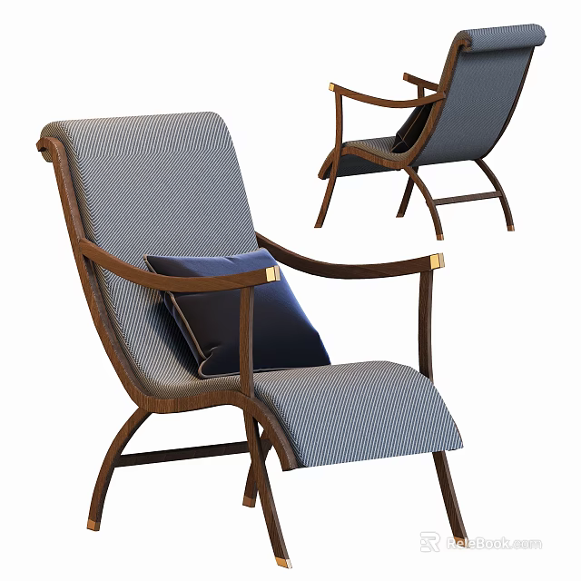 Modern Lounge Chair With Wooden Frame Striped Fabric Dark Cushion And Metal Accents 3d model 