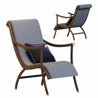 Modern Lounge Chair With Wooden Frame Striped Fabric Dark Cushion And Metal Accents 3d model