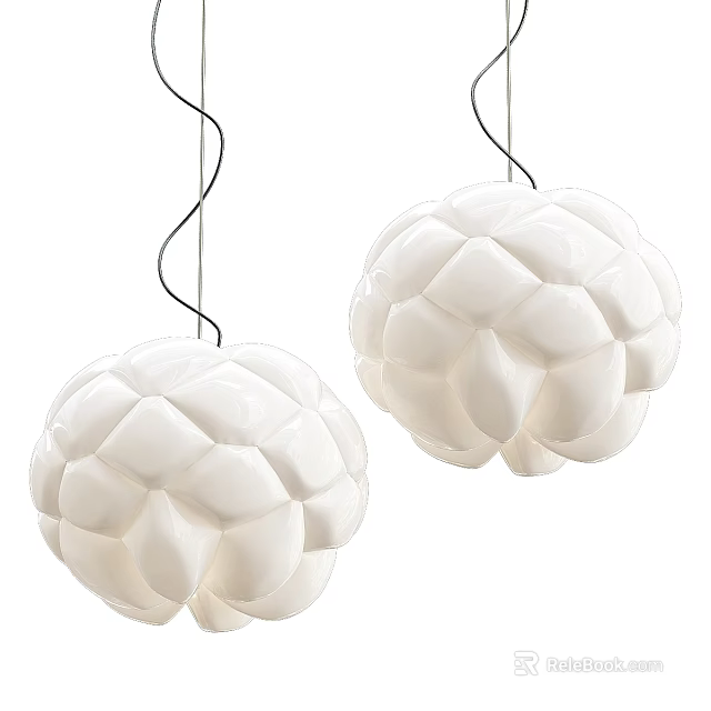 Two White Spherical Pendant Lights With Unique Textured Petal Like Design 3d model