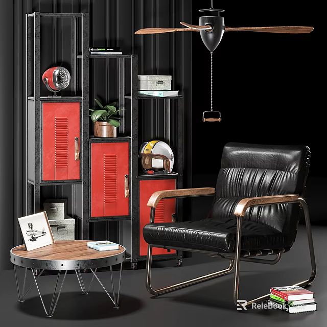 Black Leather Armchair With Wooden Arms And Metal Frame Near Side Table And Decorative Shelf 3d model 