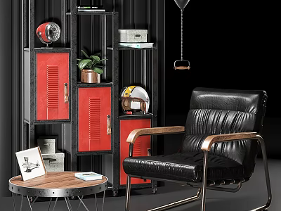 Black Leather Armchair With Wooden Arms And Metal Frame Near Side Table And Decorative Shelf 3d model