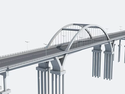 Modern Arch Bridge Design With Roadway Street Lamps And Concrete Piers 3d model