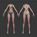 Blue And Beige Women's Bikini Sets With High Heels On Display Mannequins