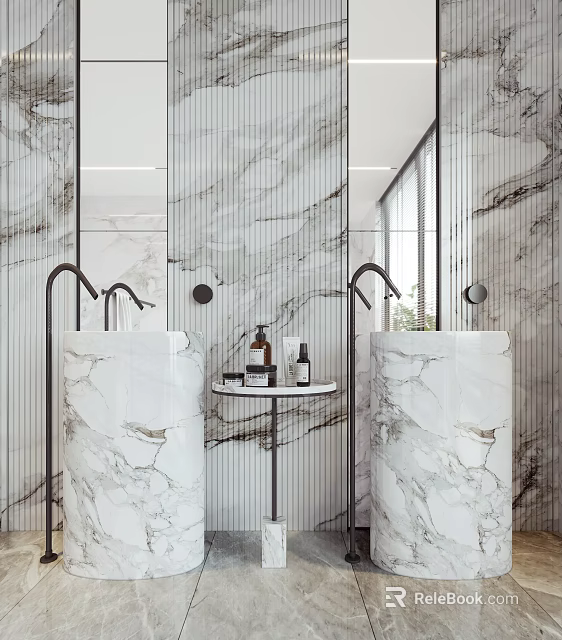 Marble Bathroom Sink Interior With Dual Washbasins Black Faucet Mirror And Toiletries 3d model 