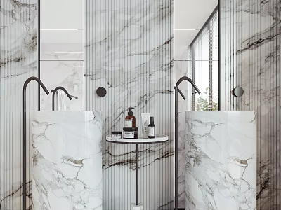 Marble Bathroom Sink Interior With Dual Washbasins Black Faucet Mirror And Toiletries 3d model