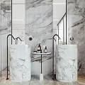 Marble Bathroom Sink Interior With Dual Washbasins Black Faucet Mirror And Toiletries
