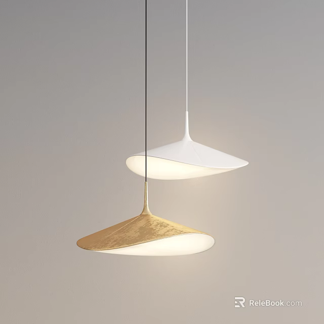 Modern Gold And White Conical Pendant Lights Hanging Against Gray Wall 3d model 