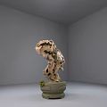 Natural Stone and Wood Decorative Sculpture with Hollow Design and Small Leaf Accent