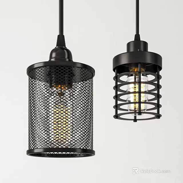 Black Industrial Pendant Lights With Mesh And Spiral Cage Design And Exposed Bulbs 3d model 