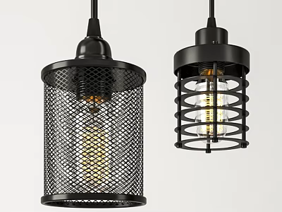 Black Industrial Pendant Lights With Mesh And Spiral Cage Design And Exposed Bulbs 3d model