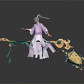 Man In Purple Robe With White Hair Riding Green Flying Mount With Golden Decorations