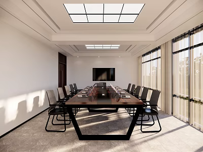 Modern Conference Room Interior With Long Wooden Table Black Chairs Skylight Ceiling And Large Windows 3d model