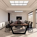 Modern Conference Room Interior With Long Wooden Table Black Chairs Skylight Ceiling And Large Windows