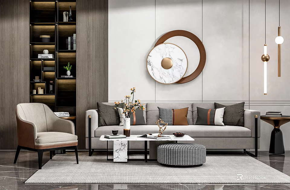 Modern Sofa Coffee Table Set With Marble Top Colorful Cushions And Circular Wall Art Decor 3d model 