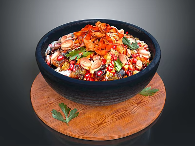 Colorful Mixed Dish with Chilies Peanuts in Black Bowl on Wooden Tray and Green Garnish 3d model