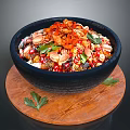 Colorful Mixed Dish with Chilies Peanuts in Black Bowl on Wooden Tray and Green Garnish